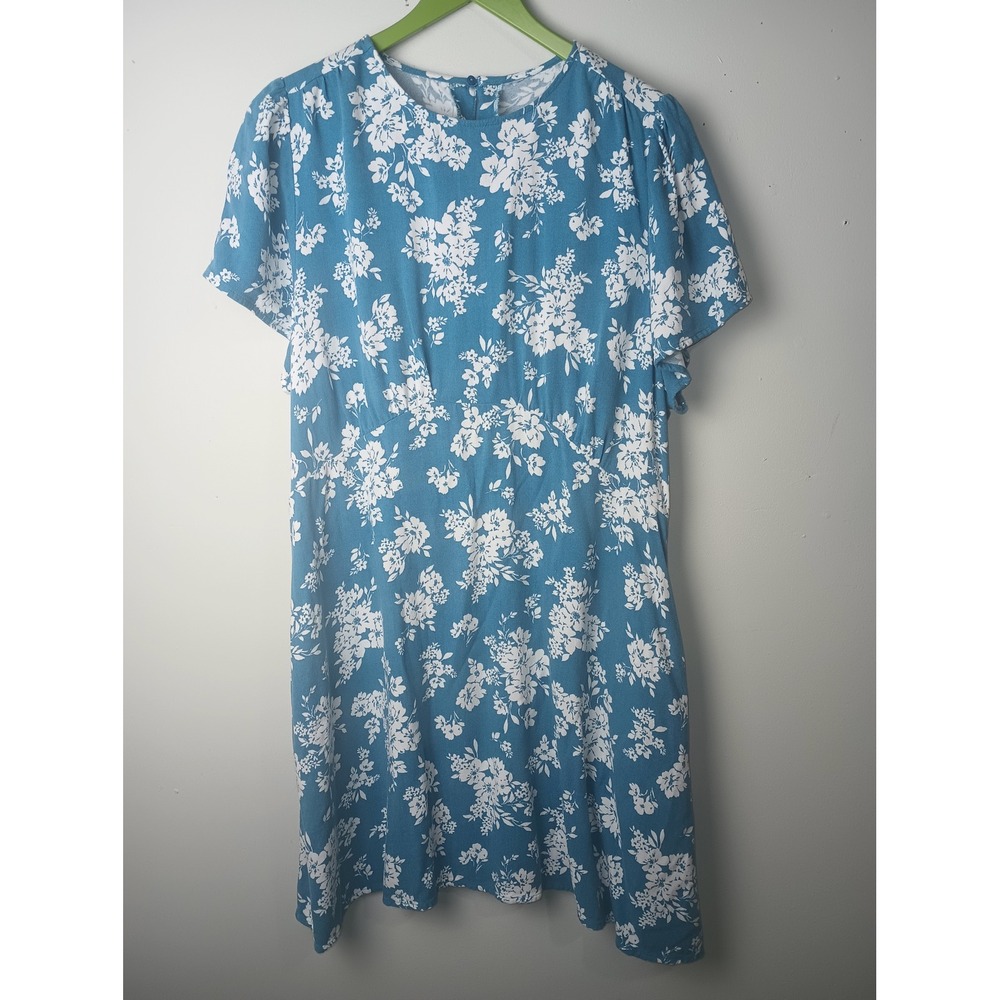 Old Navy Blue Floral Rayon Mini Dress Short Puff Sleeve Empire Waist Pockets XL